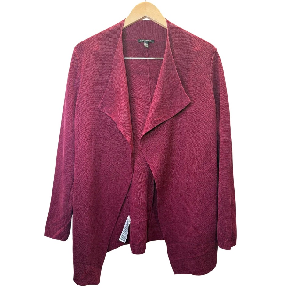 Eileen Fisher Cardigan Women M Burgundy Silk Cotton Open Front Draped Sweater